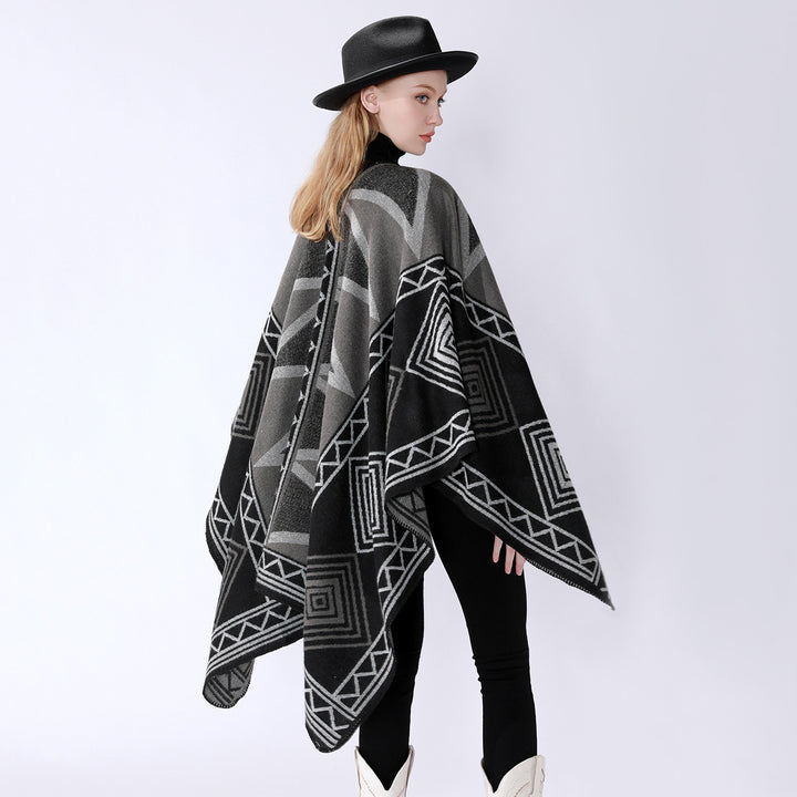 Women Geometric Wool Blend Overthrow Poncho with Overlock Edge Mune Fashion