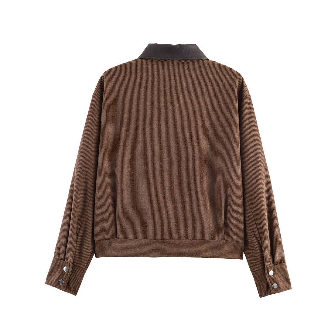 Women Ribbed Structure Short Jacket with Faux Leather Collar and Flap Pockets Mune Fashion