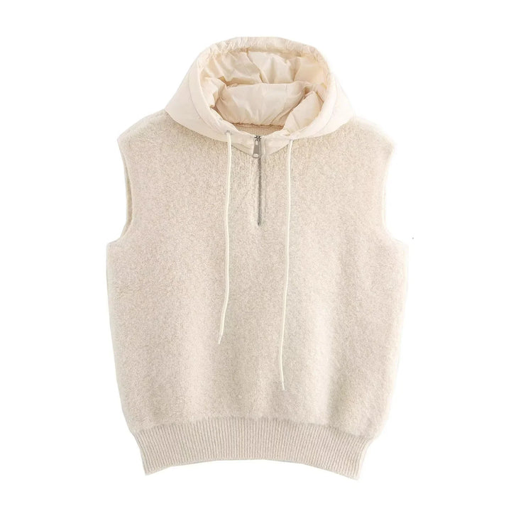 Women's sleeveless knitted vest with quilted hood and half zip Mune Fashion
