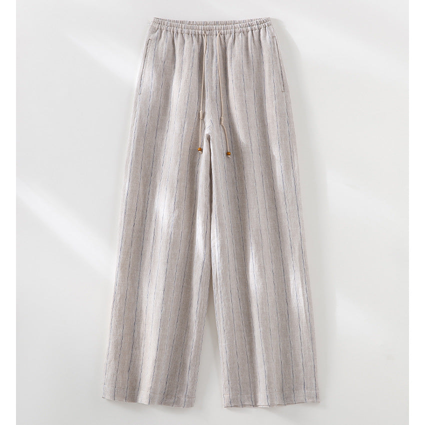 Women's Light High-Waisted Lounge Trousers made from Linen Blend with Drawstring and Pinstripe Look Mune Fashion