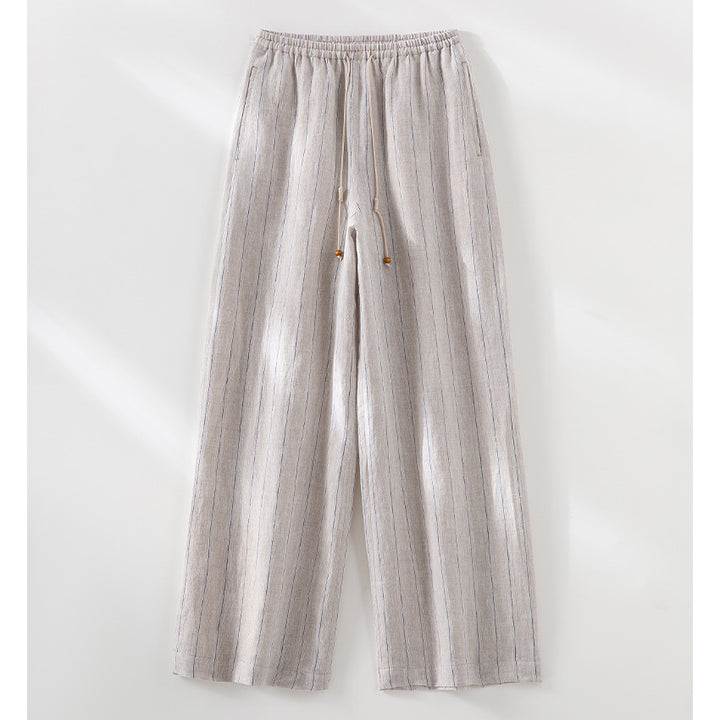 Women's Light High-Waisted Lounge Trousers made from Linen Blend with Drawstring and Pinstripe Look Mune Fashion