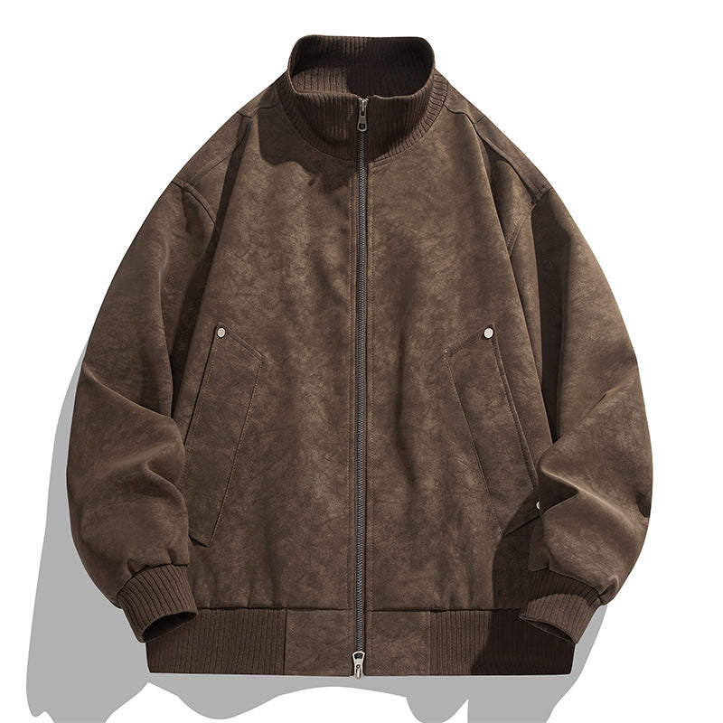 Men's Oversized Suede Look Bomber Jacket with Stand-Up Collar and Ribbed Cuffs Mune Fashion