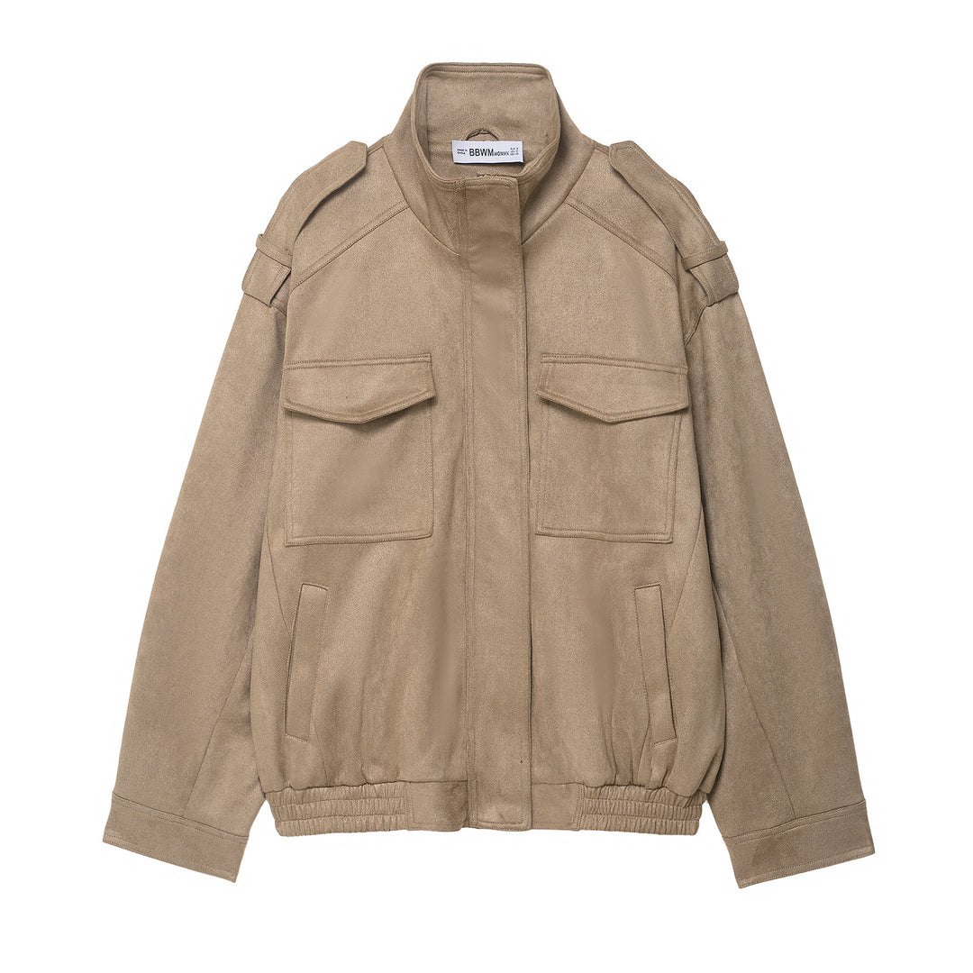 Women's field bomber jacket in suede look with high collar, flap pockets and epaulettes Mune Fashion
