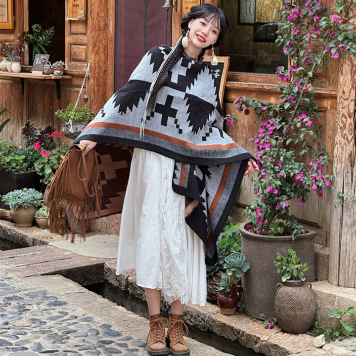 Women's Oversized Knit Cape with Aztec Jacquard, V-Neck and Soft Draping Hem Mune Fashion