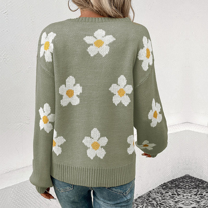 Women's Patterned Knit Sweater with Flower Motif Mune Fashion