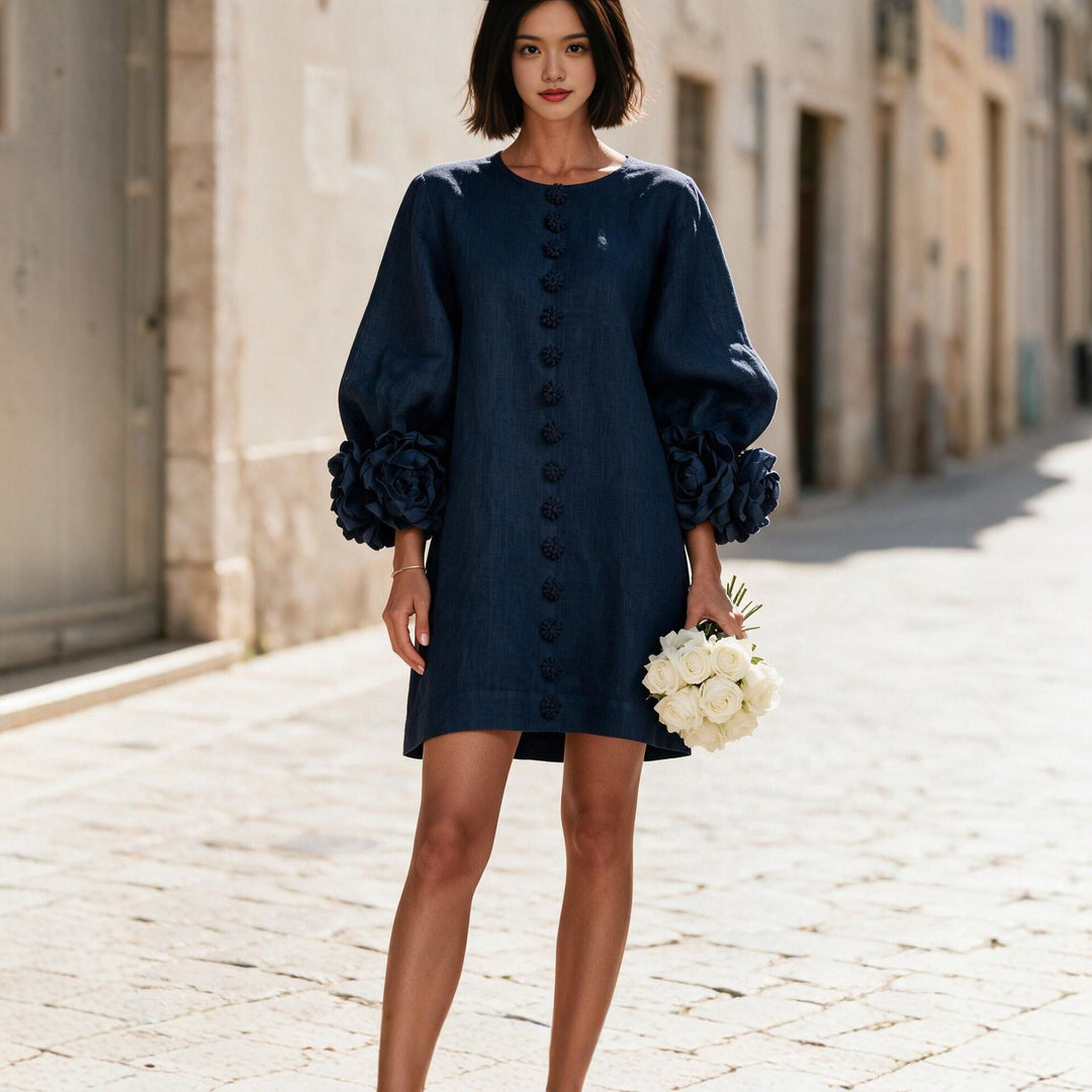 Ladies short dress made of linen with voluminous balloon sleeves and 3D flower cuffs Mune Fashion