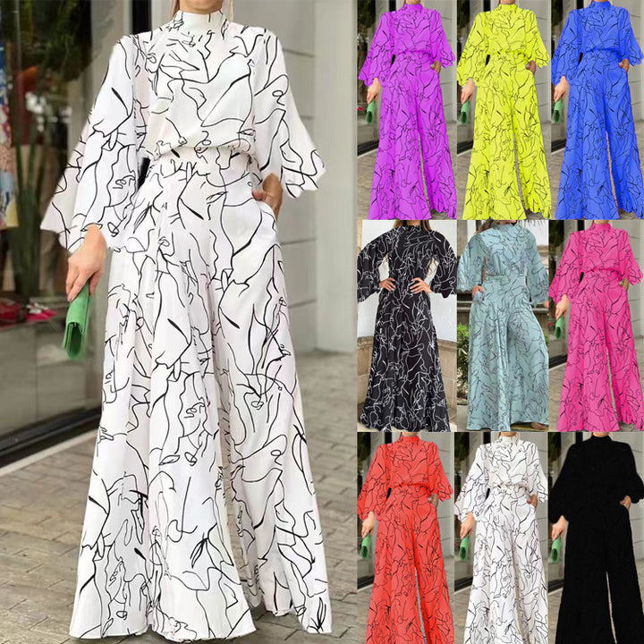 Women's Elegant Longline Jumpsuit with Stand Collar, Balloon Sleeves and Side Pockets