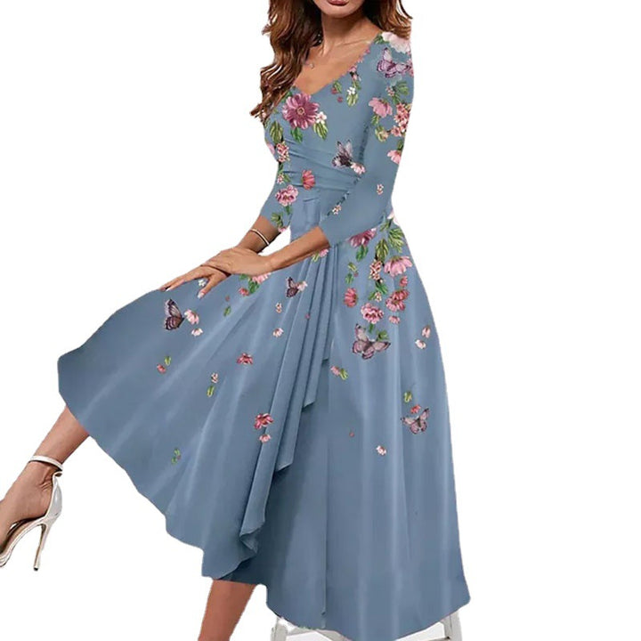 Women's wrap midi dress with floral print, asymmetric tiered skirt and fitted tie belt Mune Fashion