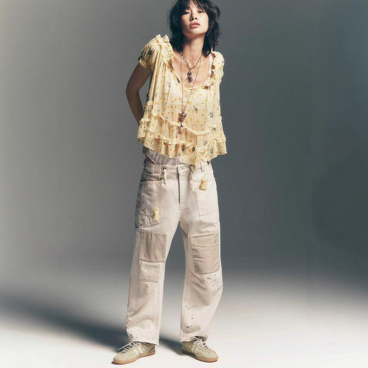Women's high-waisted jeans in a loose fit with patch pockets and drawstring Mune Fashion