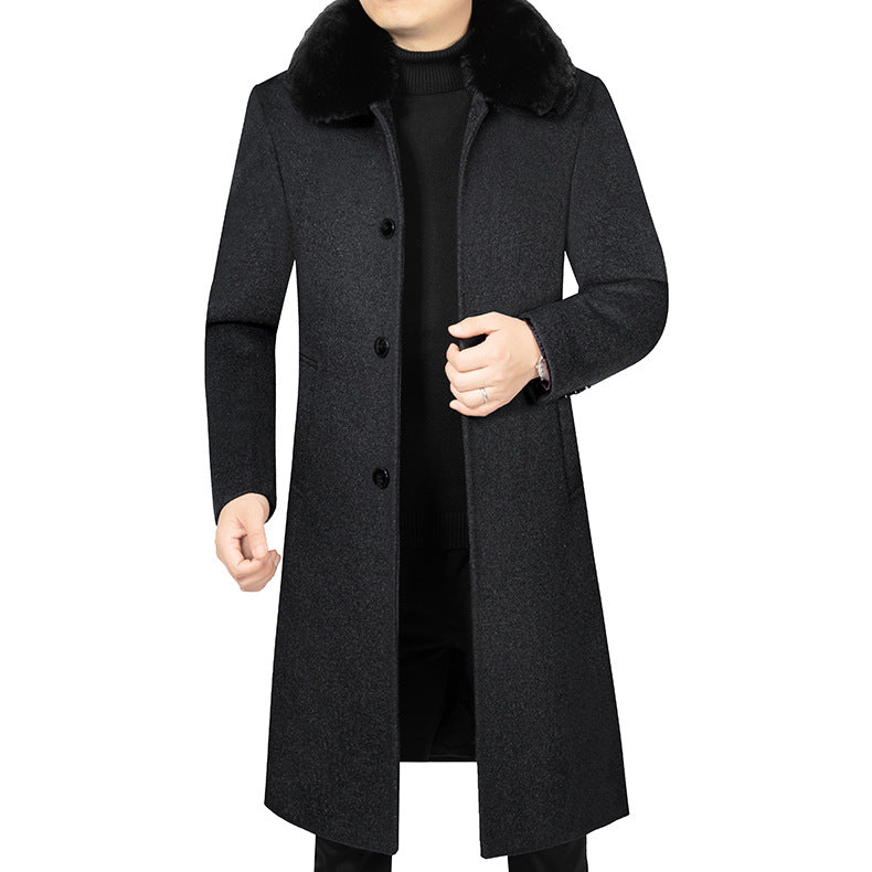 Men's Long Wool Blend Coat with Removable Faux Fur Collar and Quilted Thermal Padding Mune Fashion