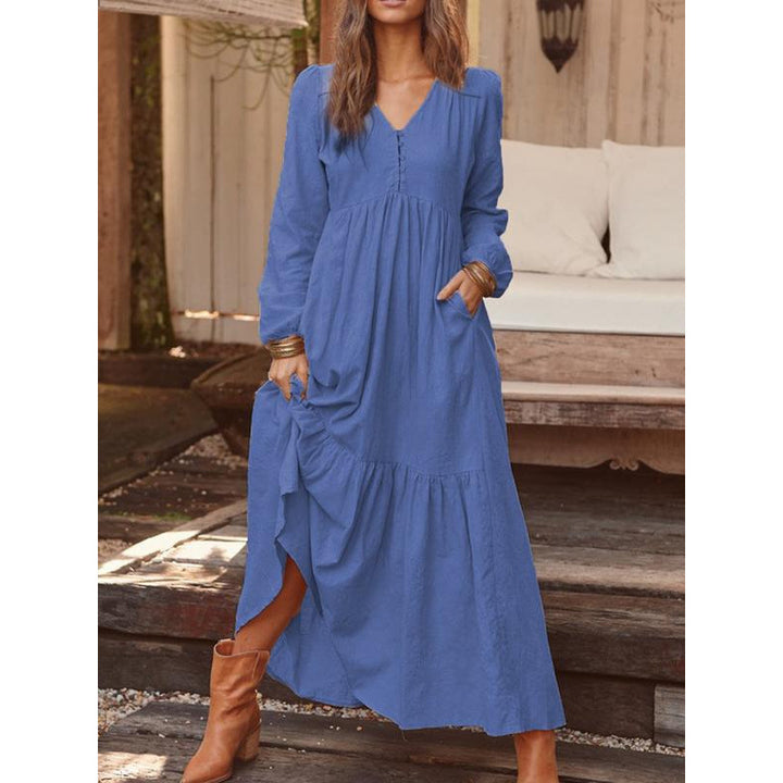 Ladies Long Tiered Dress made of Linen Blend with V-Neck and Side Pockets Mune Fashion
