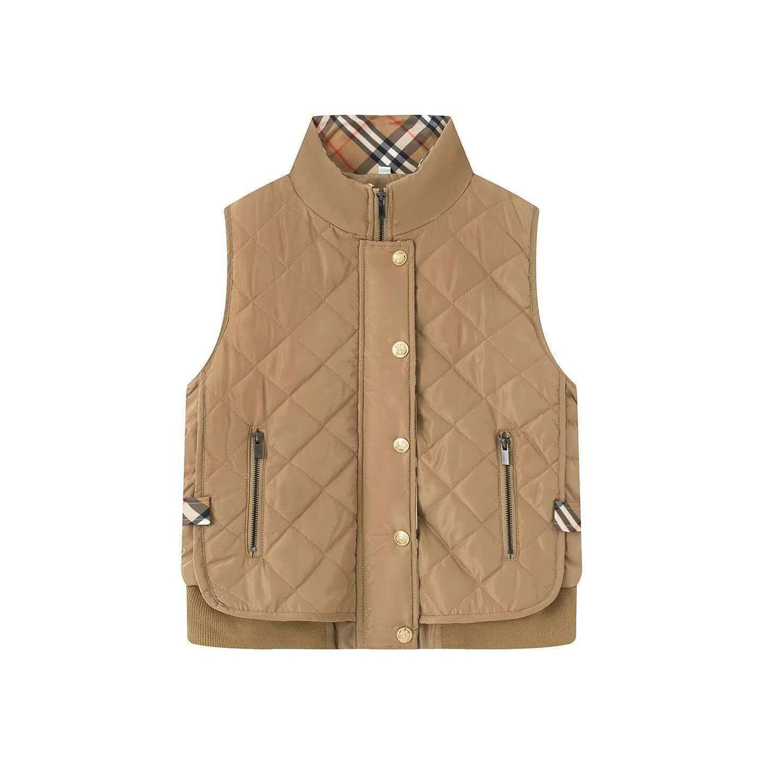 Women's Quilted Sleeveless Bodywarmer with Stand-Up Collar, Zipper, Snap Button Placket and Ribbed Hem Mune Fashion