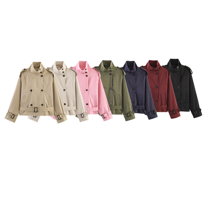 Women's Short Double-Breasted Waist Belt Trench Coat with High Funnel Collar and Shoulder Straps Mune Fashion
