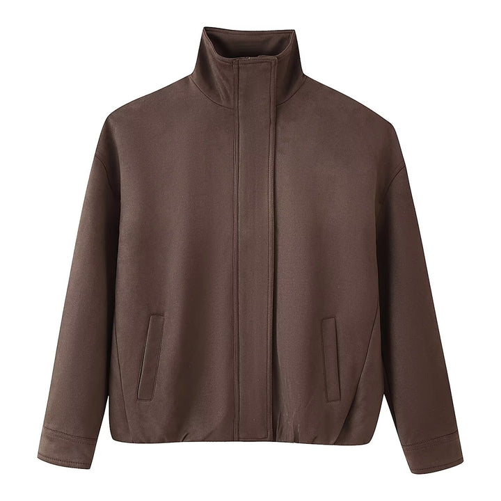 Women's Boxy Short Jacket with High Stand Collar and Concealed Zipper Mune Fashion