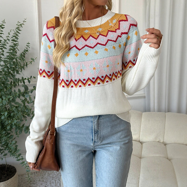 Women Playful Knit Sweater with Norwegian Pattern Mune Fashion