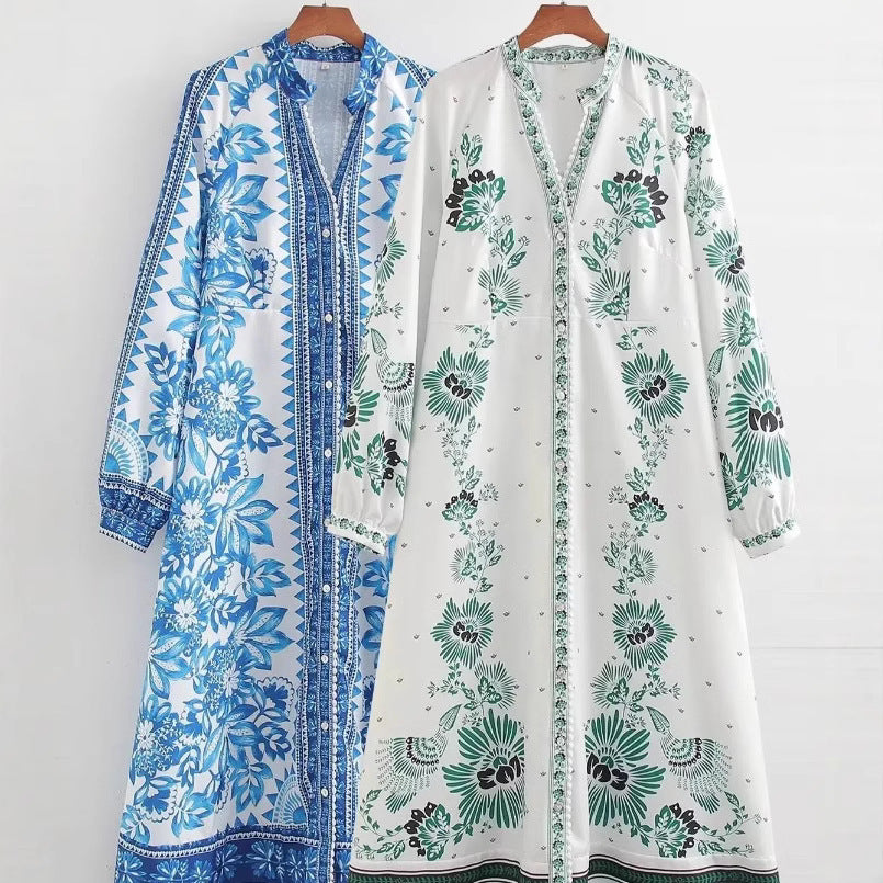Women’s maxi dress in boho shirt style with stand-up collar and full button placket Mune Fashion