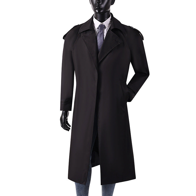 Men's elegant knee- to calf-length trench coat with concealed button placket and shoulder epaulettes Mune Fashion