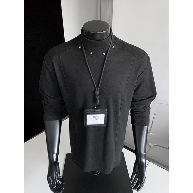 Men's Rollneck Fine Knit Shirt with Metal Studs at the Collar and Slim Silhouette Mune Fashion
