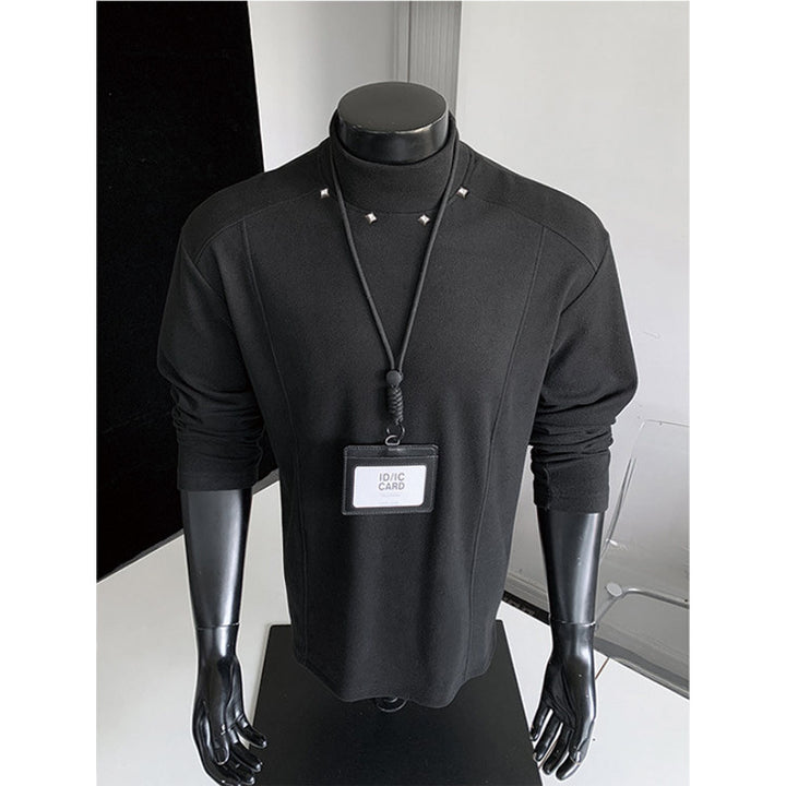 Men's Rollneck Fine Knit Shirt with Metal Studs at the Collar and Slim Silhouette Mune Fashion