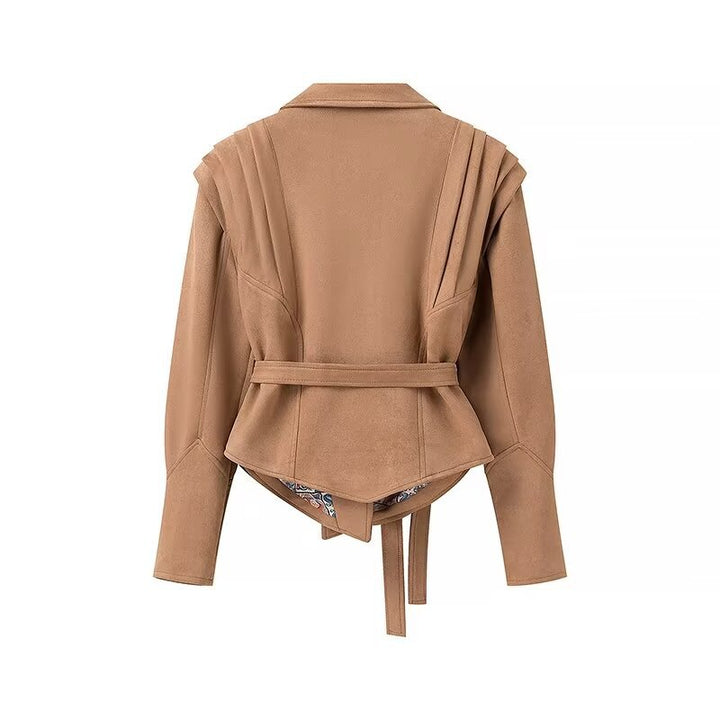 Women's fitted velvet look blazer jacket with tie belt, emphasized shoulder and patterned lining Mune Fashion