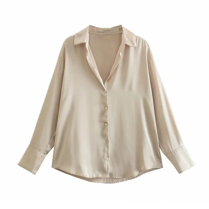 Ladies Oversized Satin Blouse with Shirt Collar and Wide Cuffs Mune Fashion