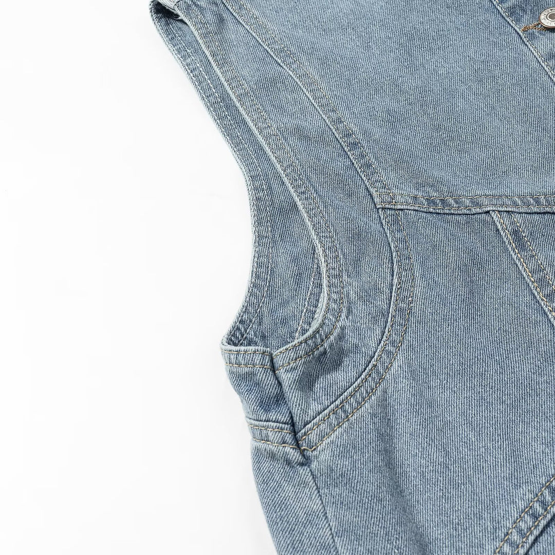 Women's jeans vest with stand-up collar, full-length button placket, and patch pockets Mune Fashion