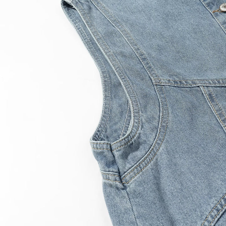 Women's jeans vest with stand-up collar, full-length button placket, and patch pockets Mune Fashion