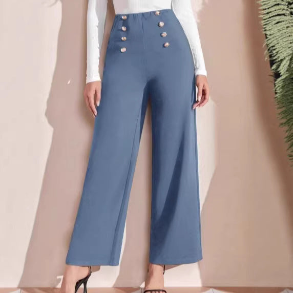 Women’s high-waisted trousers with wide leg, maritime-inspired decorative buttons Mune Fashion
