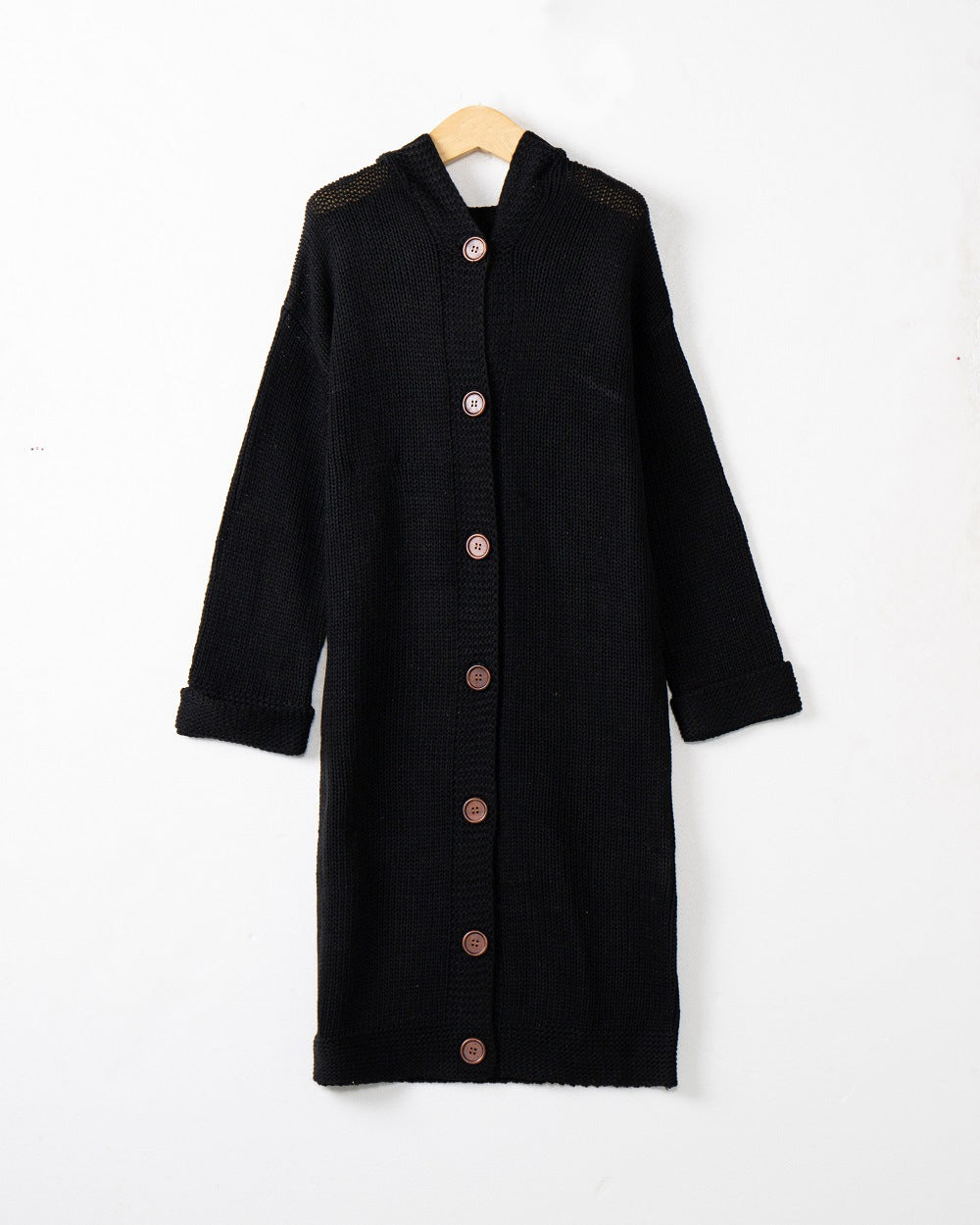 Women's Hooded Long Cardigan made of medium-thick ribbed knit with a full button placket and loose oversized cut Mune Fashion