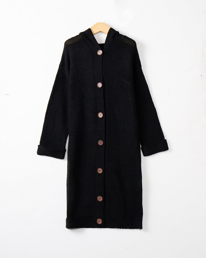 Women's Hooded Long Cardigan made of medium-thick ribbed knit with a full button placket and loose oversized cut Mune Fashion