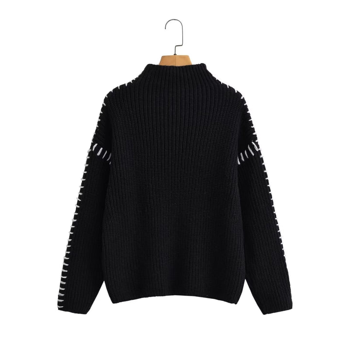 Women's Oversize Knit Sweater with Stand Collar, Balloon Sleeves and Decorative Stitch Mune Fashion