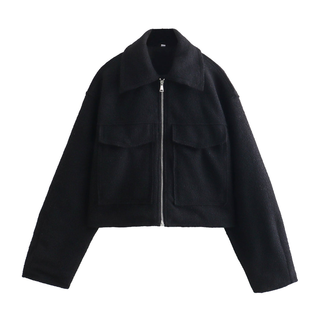 Women Short Boucle Jacket in Boxy Cut with Zip and Flap Pockets Mune Fashion