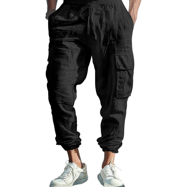 Men's Casual Linen Cargo Joggers with Drawstring Waist, Large Flap Pockets and Elastic Ankle Cuffs Mune Fashion
