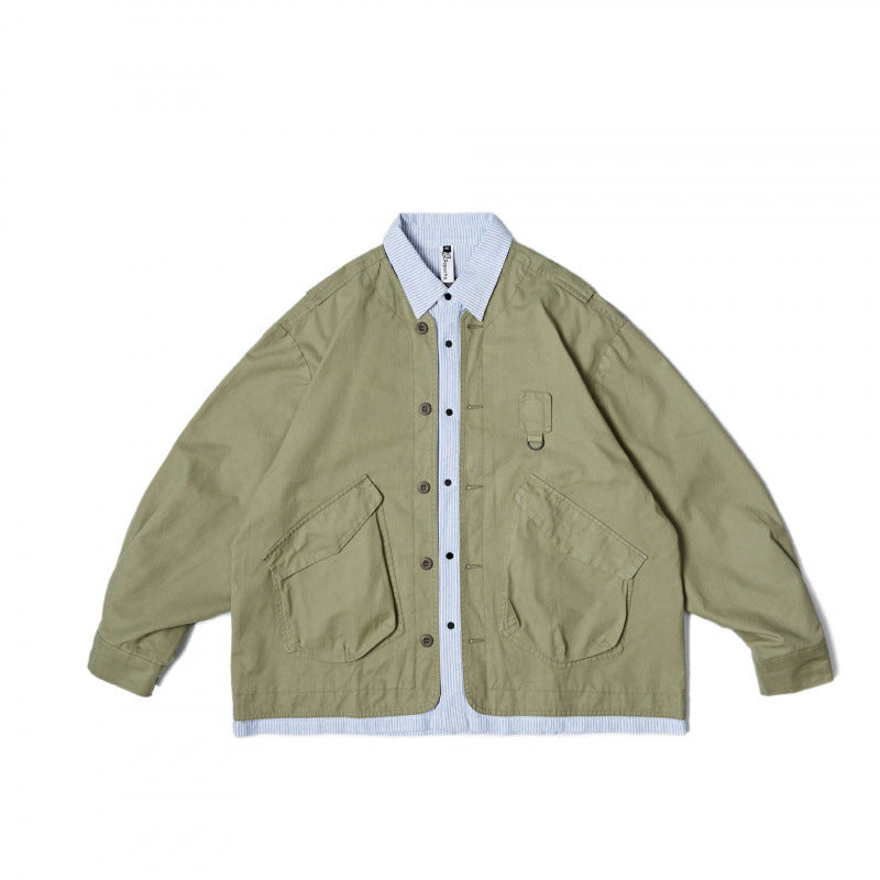 Unisex Oversize Shirt Jacket in Worker Style with Patch Flap Pockets and Contrasting Placket Mune Fashion
