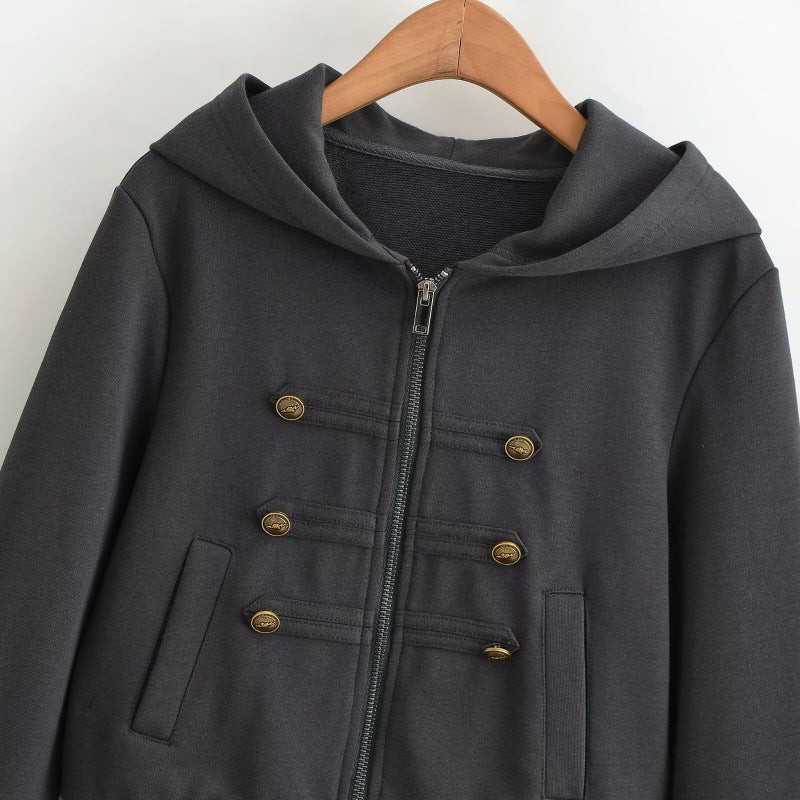 Women's Cropped Hooded Blouson in Military Look with Decorative Button Placket and Ribbed Hem Mune Fashion