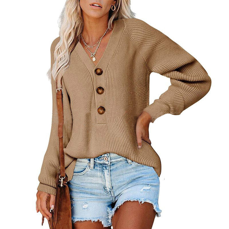 Women's Ribbed Knit Sweater with V-Neck, Decorative Button Placket and Balloon Sleeves Mune Fashion