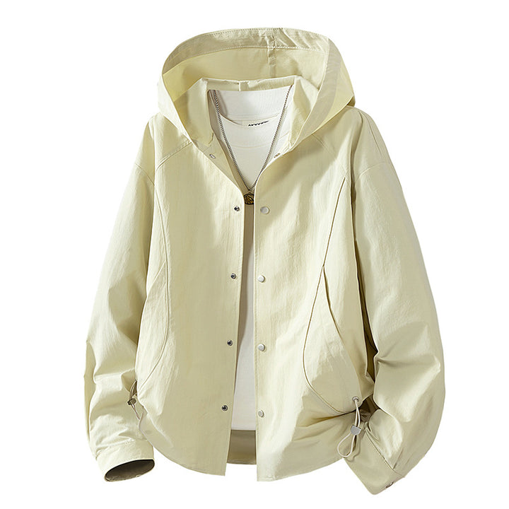 Women's lightweight hooded jacket with snap front, adjustable drawstring hem, and practical side pockets Mune Fashion