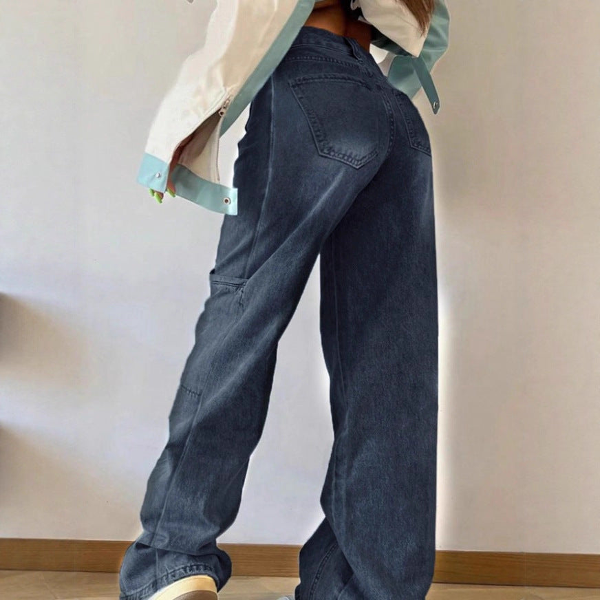 Women's High-Waist Wide Cargo Denim Pants with Seam Panels and Baggy Silhouette Mune Fashion