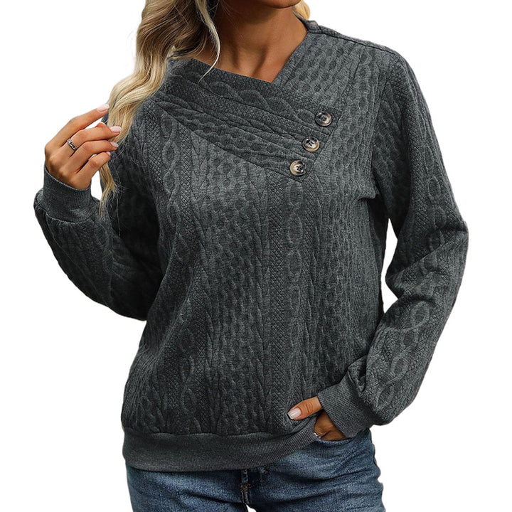 Women's Structured Cable Knit Sweater with Asymmetric Button Placket & Round Neckline Mune Fashion