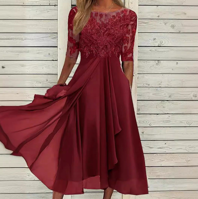 Women's elegant chiffon midi dress with embroidered lace top and three-quarter sleeves Mune Fashion