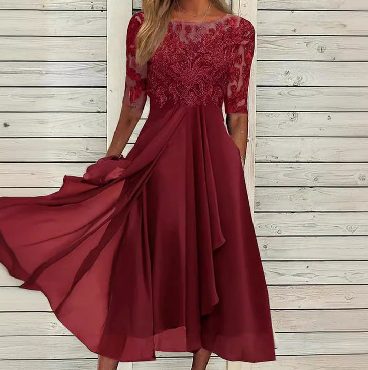 Women's elegant chiffon midi dress with embroidered lace top and three-quarter sleeves Mune Fashion