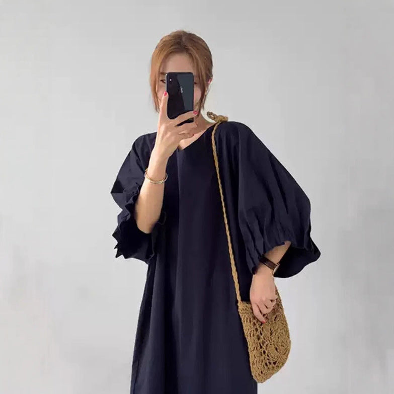 Women Oversized V-Neck Cotton Dress with Ruffle Sleeves Mune Fashion
