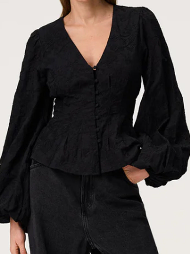 Women's jacquard lace blouse with fitted peplum and balloon sleeves Mune Fashion
