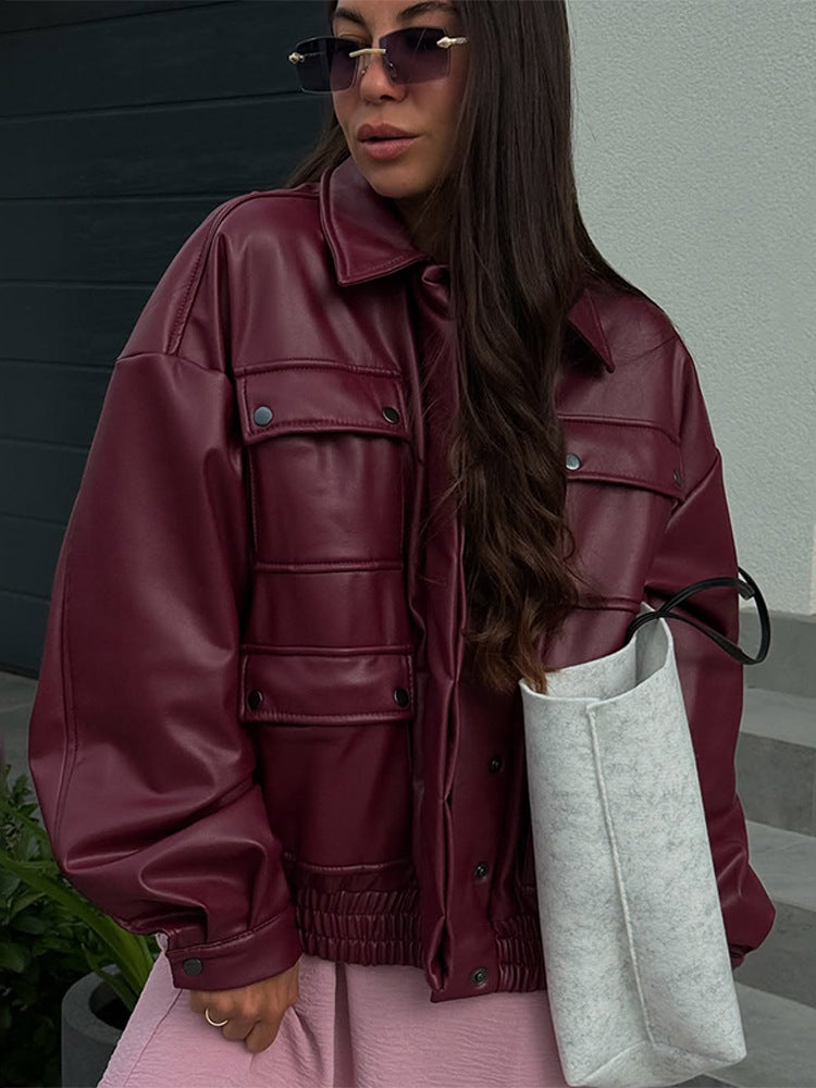 Women Oversized Faux Leather Jacket with Placket Snap Pockets and Elastic Hem Mune Fashion