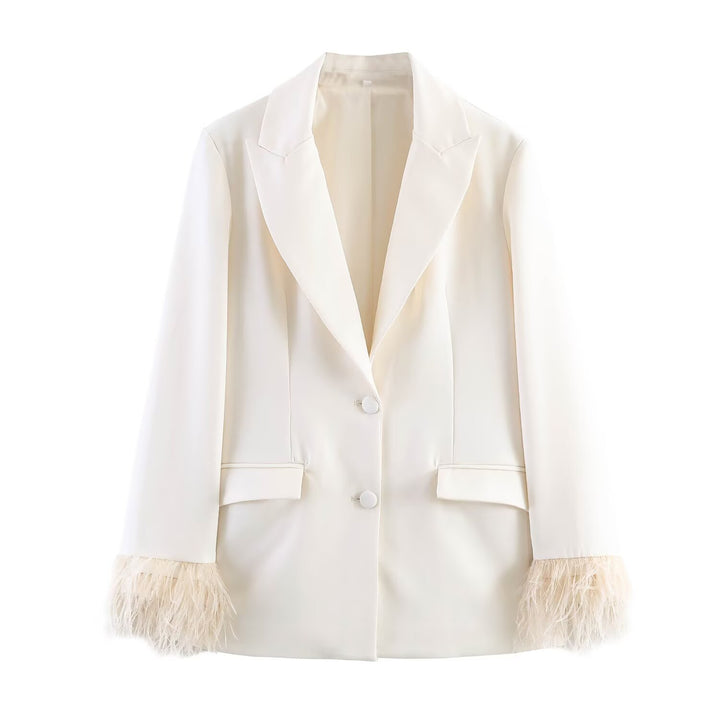 Women Two-Piece Pants Suit with Feather Trim on Sleeve Edges Mune Fashion