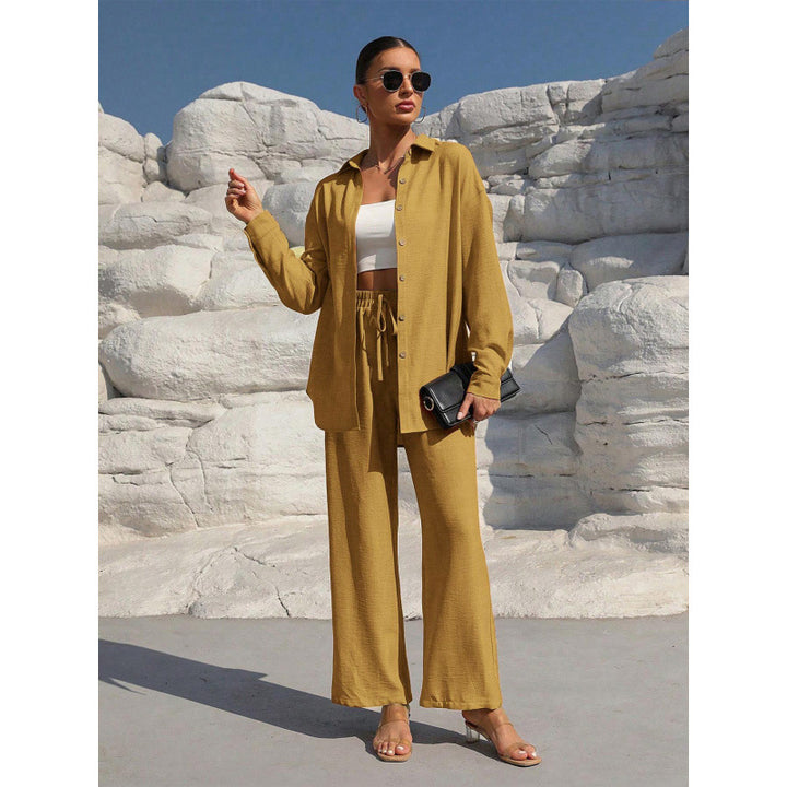 Women's Two-Piece Linen Look Loungewear Set with Oversized Shirt and Wide Comfort Palazzo Mune Fashion