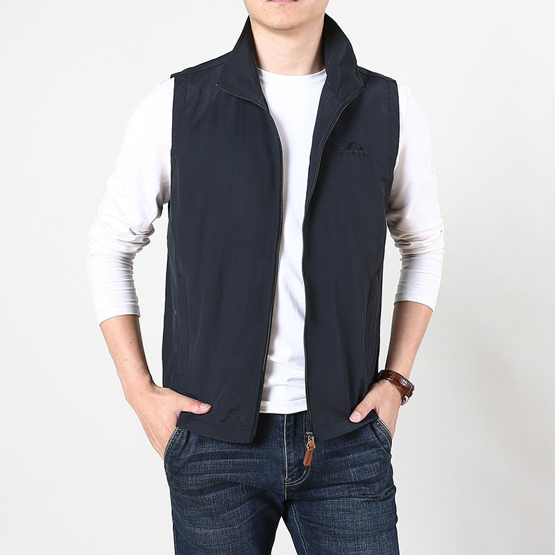 Men's Sleeveless Utility Vest with Stand Collar, Zipper and Pockets Mune Fashion