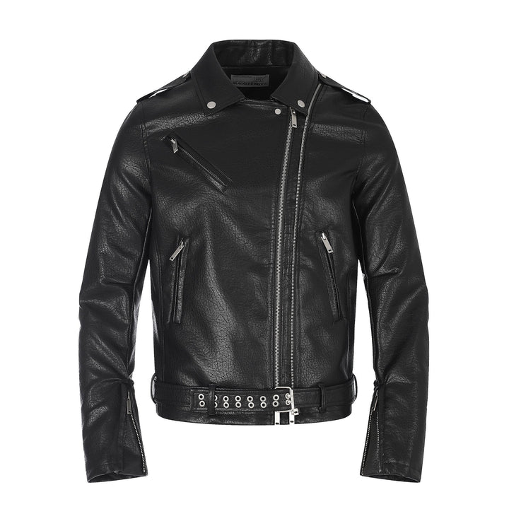 Men's faux leather biker jacket with asymmetrical zipper and eyelet belt Mune Fashion