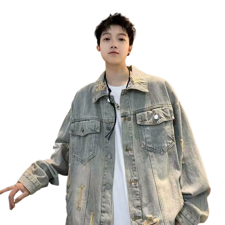 Men's Oversized Denim Jacket in Vintage Look with Distressed Details and Flap Pockets Mune Fashion