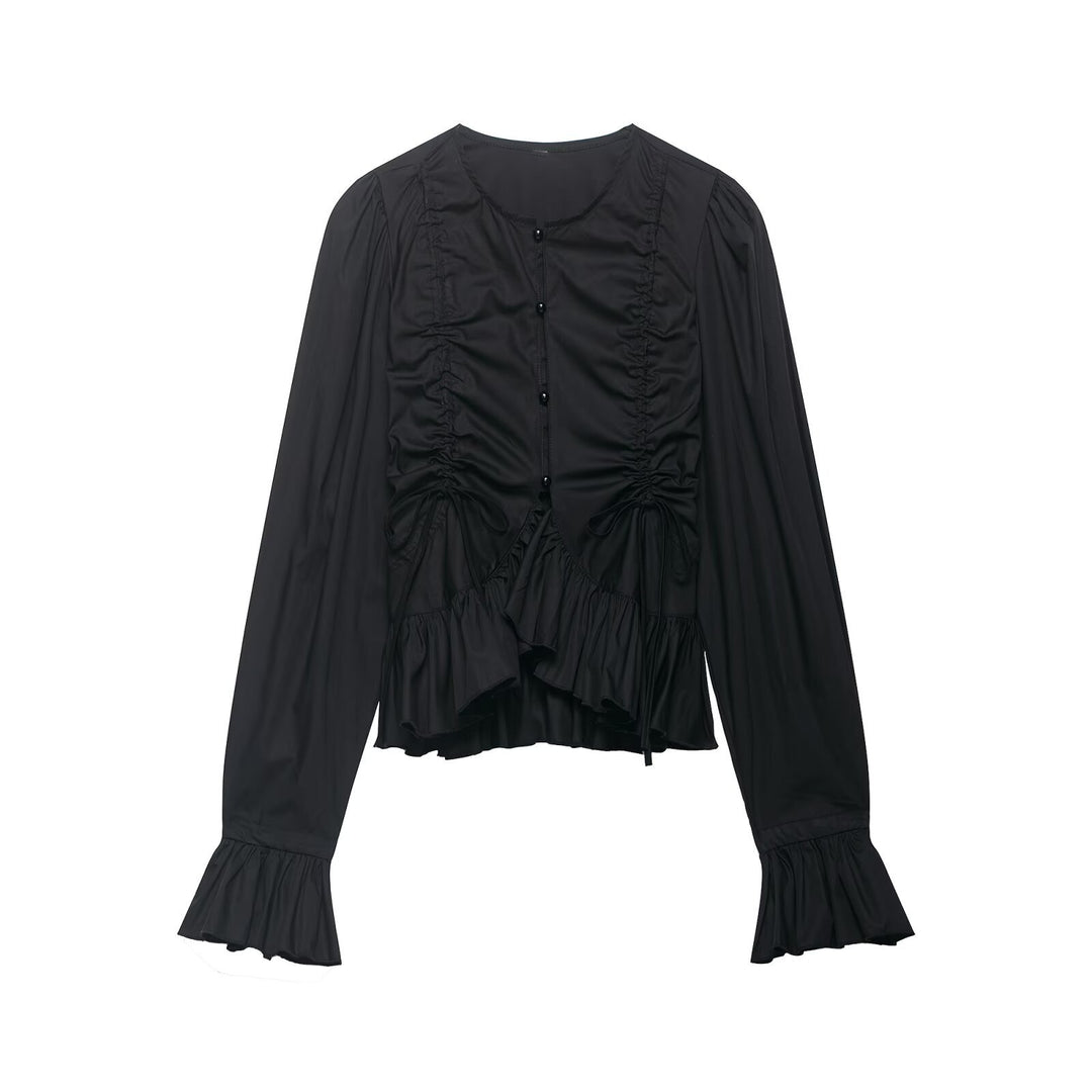 Women Ruffled Blouse with Drawstring, Balloon Sleeves and Ruffle Hem Mune Fashion
